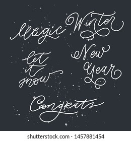 Merry Christmas and New Year lettering set on blackboard with texture. Calligraphy card design elements. Holiday lettering templates for greeting cards, overlays, posters, wrapping paper. Vector.