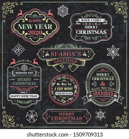 Merry christmas and new year lettering collection in retro style drawing with color chalk on chalkboard background