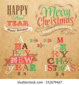 Merry christmas and new year lettering collection in retro style drawing on kraft background.