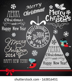 Merry Christmas and New Year lettering collection of Christmas tree from letters stylized for the drawing with chalk on the blackboard. Vector
