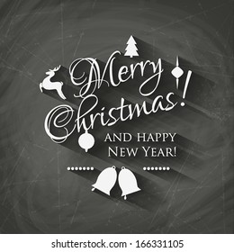 Merry Christmas and New Year lettering collection of Christmas tree from letters stylized for the drawing with chalk on the blackboard. Vector