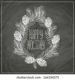 Merry Christmas and New Year lettering collection of Christmas tree from letters stylized for the drawing with chalk of red, green on the blackboard. Vector