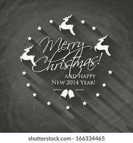 Merry Christmas and New Year lettering collection of Christmas tree from letters stylized for the drawing with chalk on the blackboard. Vector