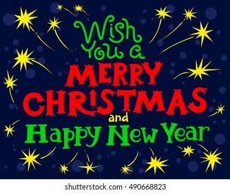 Merry Christmas and New Year lettering. Hand-drawn artistic  cute letters for invitation seasonal poster and card with sparklers and fireworks on dark blue background
