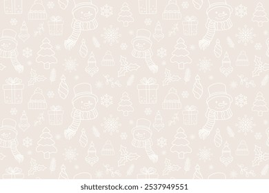 Navidades alegres y patrón transparente del arte de la línea del año Nuevo con los iconos blancos de los ornamentos de la Navidad en fondo beige. Patrón de papel de embalaje de Navidades blancas