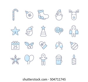 Merry christmas, New Year line winter decoration icons symbols.