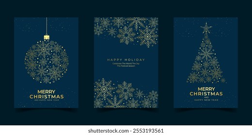 Merry christmas and new year luxury greeting card with gold snowflakes christmas ball and tree design art decoration on dark blue background