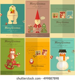 Merry Christmas - New Year Mini Posters Collection with Xmas Symbols  in Retro Style. Vector Illustration.