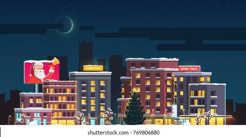 Merry Christmas & New Year night small town borough decorated square. Pine tree, garlands, gold star. Evening city scenery, snow covered houses big Santa Claus billboard ad. Flat vector illustration.