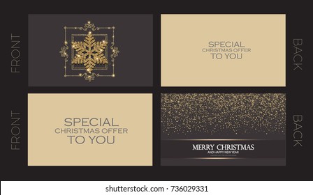 Merry Christmas and New Year Offer Cards Template. Business Cards, VIP, Greetings, Sale, Special Seasonal Offer. Gold Shining Snowflake with Elegant Vintage Frame. Vector illustration