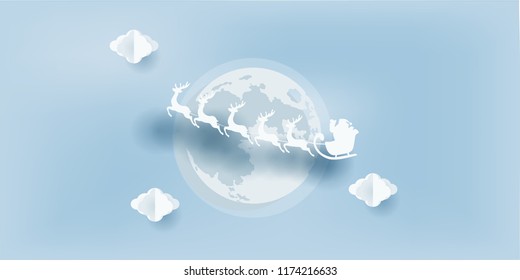 Merry Christmas and New Year on holidays background with winter landscape.paper art style illustration