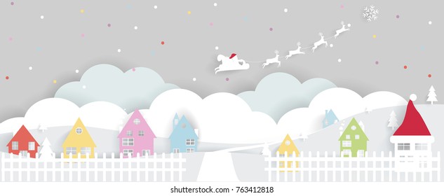 Merry Christmas and New Year on holidays background with winter landscape.paper art style illustration.