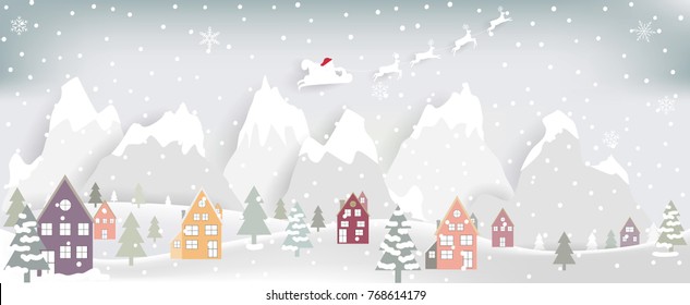 Merry Christmas and New Year on holidays background with winter landscape.paper art style illustration.