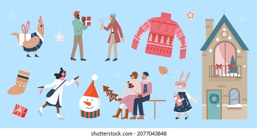 Merry Christmas or New Year party people and festive animals set vector illustration. Cartoon characters with xmas gifts, house with Christmas tree, happy winter holidays isolated on blue background