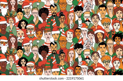 Merry Christmas New Year Party. Young, middle age, senior women men children seamless pattern background. Diversity multiracial, multiethnic people crowd. Hand line drawing doodle vector illustration