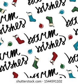 Merry christmas and new year pattern. Christmas socks and tree toy ball. Warm wishes lettering. Wrap, cover, fabric