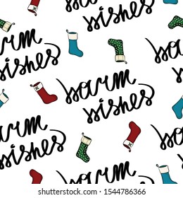 Merry christmas and new year pattern. Christmas socks . Warm wishes lettering. Wrapping paper, cover, fabric