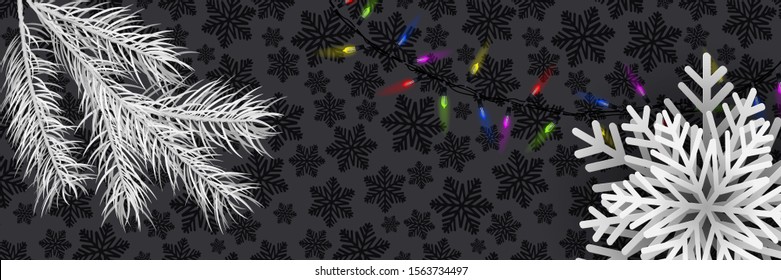 Merry Christmas and New Year pattern with light bulb garland, big snowflake, tree branch on a dark with black snowflakes background. Top view. Great for horizontal posters, header for website. Vector