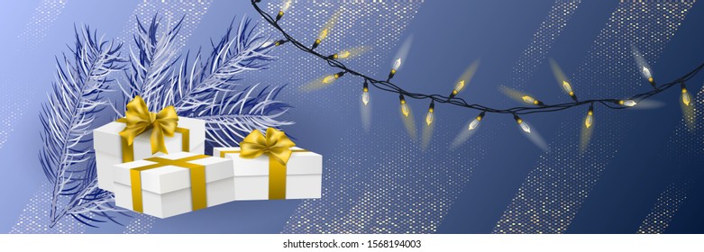 Merry Christmas and New Year pattern with realistic white with gold ribbon gift surprise, light bulb garland, tree branch on blue. Top view.   Vector