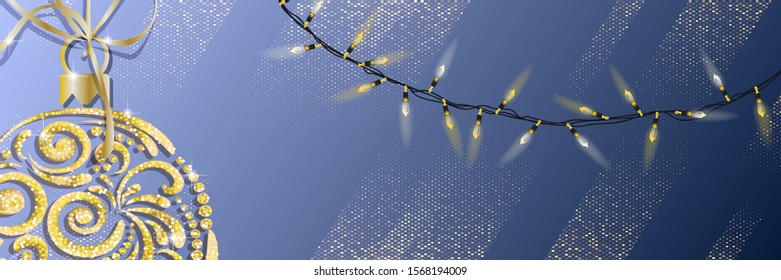 Merry Christmas and New Year pattern with realistic christmas balls, light bulb garland on blue. Top view.   Vector