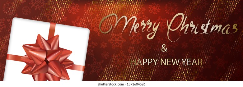 Merry Christmas and New Year pattern with realistic white with red ribbon gift surprise and pearl beads on coral background. Top view. Great for horizontal posters, header for website. Vector