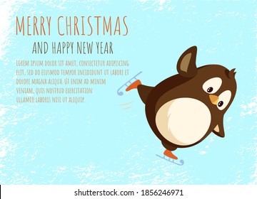 Merry Christmas and New Year, penguin on skates at ice rink. Skating bird, winter holiday banner vector. Funny arctic animal, outdoor seasonal activity