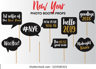 Merry Christmas and New Year Photo Booth Props, Fun Party printable speech bubble, cheers, hello 2019, goodbye 2018, woohoo, nye, the best year ever, midnight kisses signs. 