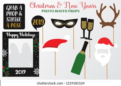 Merry Christmas and New Year Photo Booth Props, Fun Party printable speech bubble, beard, hat, mask, champagne and glasses, grab a prop and strike a pose, frame, deer, 2019 sign. With golden glitter.
