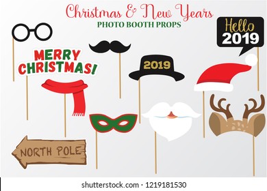 Merry Christmas and New Year Photo Booth Props, Fun Party printable speech bubble, beard, hat, mask, glasses, north pole, deer, hello 2019 sign. With golden glitter.