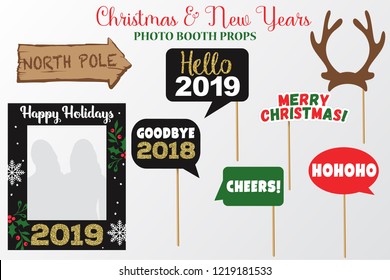 Merry Christmas and New Year Photo Booth Props, Fun Party printable speech bubble, deer mask, cheers, north pole, happy holidays frame, goodbye 2018, hello 2019, hohoho signs.With golden glitter.