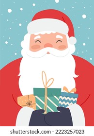 Merry Christmas and New Year postcard, greeting card with funny Santa Claus and gifts.  Winter Holiday character cartoon vector illustration 
