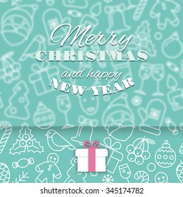 Merry Christmas or New Year postcard. Stylized flat liner Christmas elements for designs postcard, invitation, poster and others.