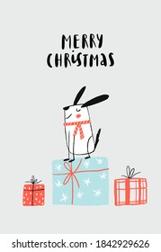 Merry Christmas - New Year Poster with white dog and gift boxes