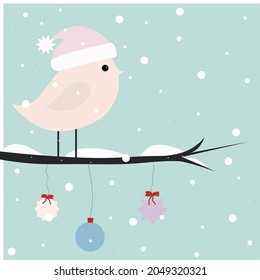 merry christmas and new year poster, winter greeting card, bird on a snowy branch, christmas toys, balloons, Christmas decorations, snowfall, snowflakes, winter, vector