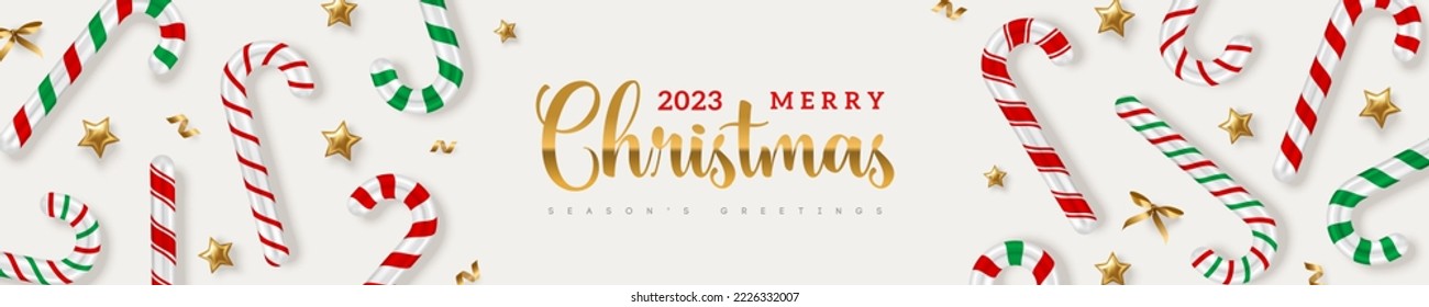 Merry Christmas New Year poster header with candy cane stick set, golden stars and confetti. Vector illustration. Brochure voucher cover, Xmas gift card concept template. Santa ornament banner