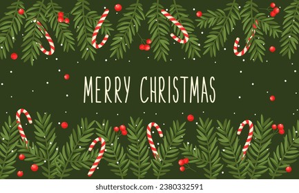 Merry Christmas and New Year poster or banner with candy cane stick set, fir tree branches border and Red holly berry. Vector illustration. Brochure voucher cover and Xmas gift card concept template