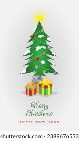 Merry Christmas and New Year poster with Christmas tree and gift box