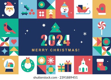 Merry Christmas and New Year poster template. Vacaciones de invierno.Saludos de temporada.Resumen del fondo geométrico moderno.Conjunto de iconos de estilo minimalista plano.Ilustración vectorial para tarjetas y banner web.