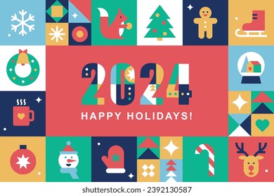 Merry Christmas and New Year poster template. Happy holidays!Seasons greetings.Abstract modern geometric background.Set of winter icons in flat minimalist style.Vector illustration.