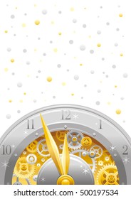 Merry Christmas and New year poster. Greeting card design with clockwork, cogwheel, minute, hour hand, vintage metal clock element on white background. Gold silver Xmas icon, golden silver stars sky