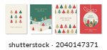 Merry Christmas and New Year posters set with winter abstract triangle fir trees. Vector illustration. Greeting cards, minimal noel corporate design templates, invitation or flat icons background