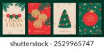 Merry Christmas and New Year posters. Trendy vector illustration with Christmas fir tree branches, jingle bells, balls, garlands and typography design. New Year flyers for ads, cover, social media.