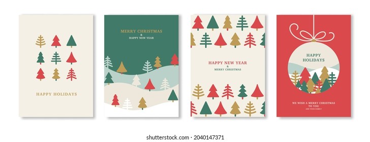 Merry Christmas and New Year posters set with winter abstract triangle fir trees. Vector illustration. Greeting cards, minimal noel corporate design templates, invitation or flat icons background