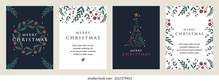 Merry Christmas and New Year posters or Greeting cards set Template with Floral design. Trendy retro style. Vector design elements.