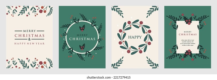 Merry Christmas and New Year posters or Greeting cards set Template with Floral design. Trendy retro style. Vector design elements.