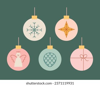 Merry Christmas, New Year posters set with simple winter abstract round ball for tree.