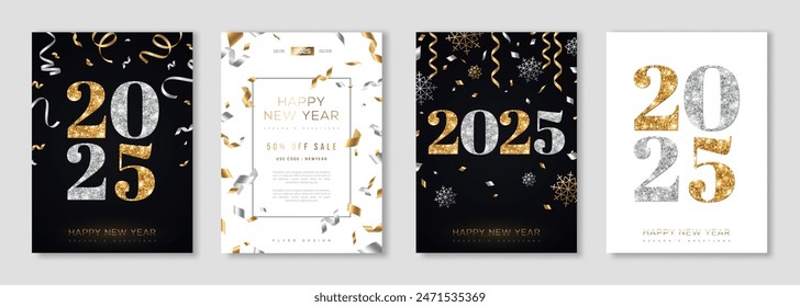 Merry Christmas and New Year posters set with gold and silver confetti, 2025 numbers. Vector illustration. Winter holiday invite, snowflakes and streamers. Minimal flyer, brochure voucher template.