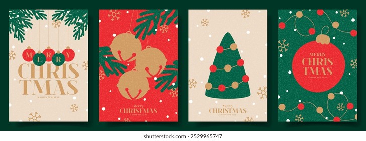 Merry Christmas and New Year posters. Trendy vector illustration with Christmas fir tree branches, jingle bells, balls, garlands and typography design. New Year flyers for ads, cover, social media.