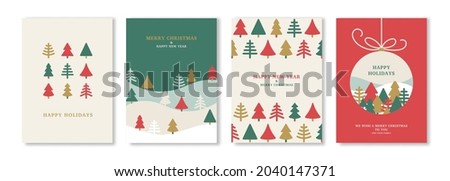 Merry Christmas and New Year posters set with winter abstract triangle fir trees. Vector illustration. Greeting cards, minimal noel corporate design templates, invitation or flat icons background Сток-фото © 