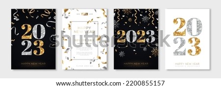 Merry Christmas and New Year posters set with gold and silver confetti, 2023 numbers. Vector illustration. Winter holiday invite, snowflakes and streamers. Minimal flyer, brochure voucher template.